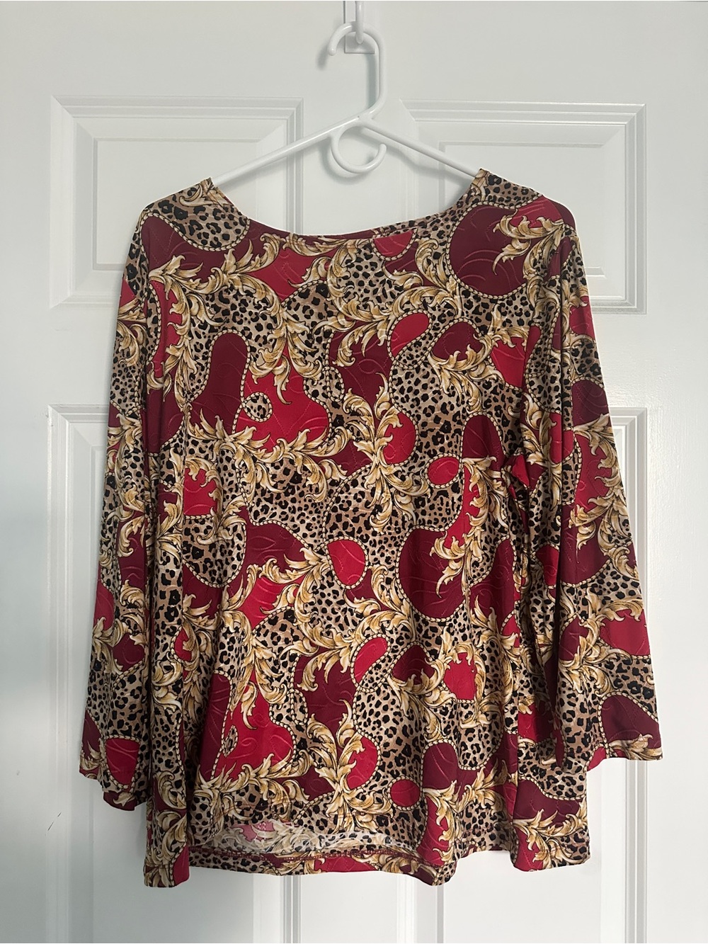 JM Collection Red, Leopard & Gold Scroll Long Sleeve Top